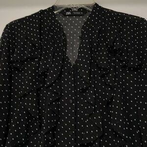 Zara Black and White Polka Dot Ruffle Front Blouse Size Medium